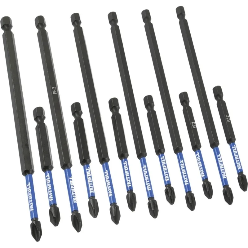 Faithfull impact screwdriver bit set showing long PH2 and PZ2 driver bits