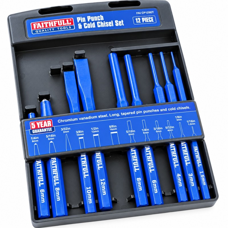 Open Faithfull punch and chisel case with blue tools organised in slots