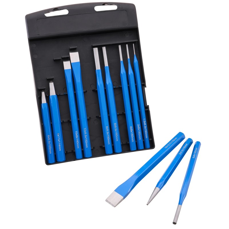 Faithfull punches and chisels beside an open black storage wallet