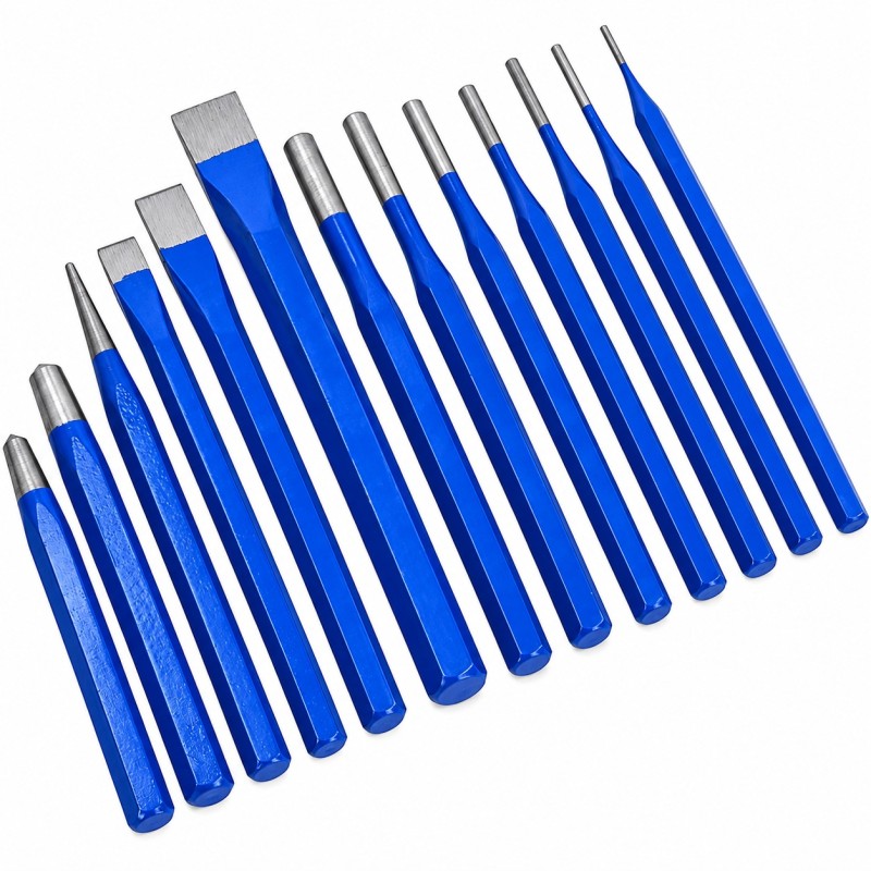 Twelve blue Faithfull cold chisels and punches arranged side by side