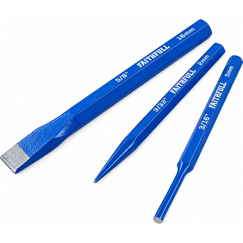Close-up of three blue Faithfull struck tools showing chisel and punch ends