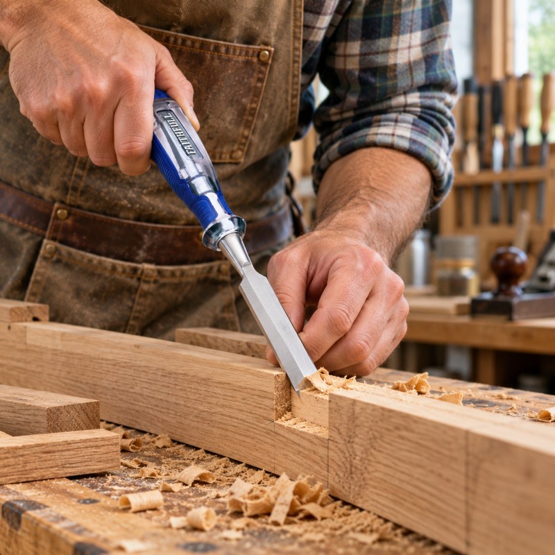 Carpenter using a Faithfull wood chisel to cut a recess in timber