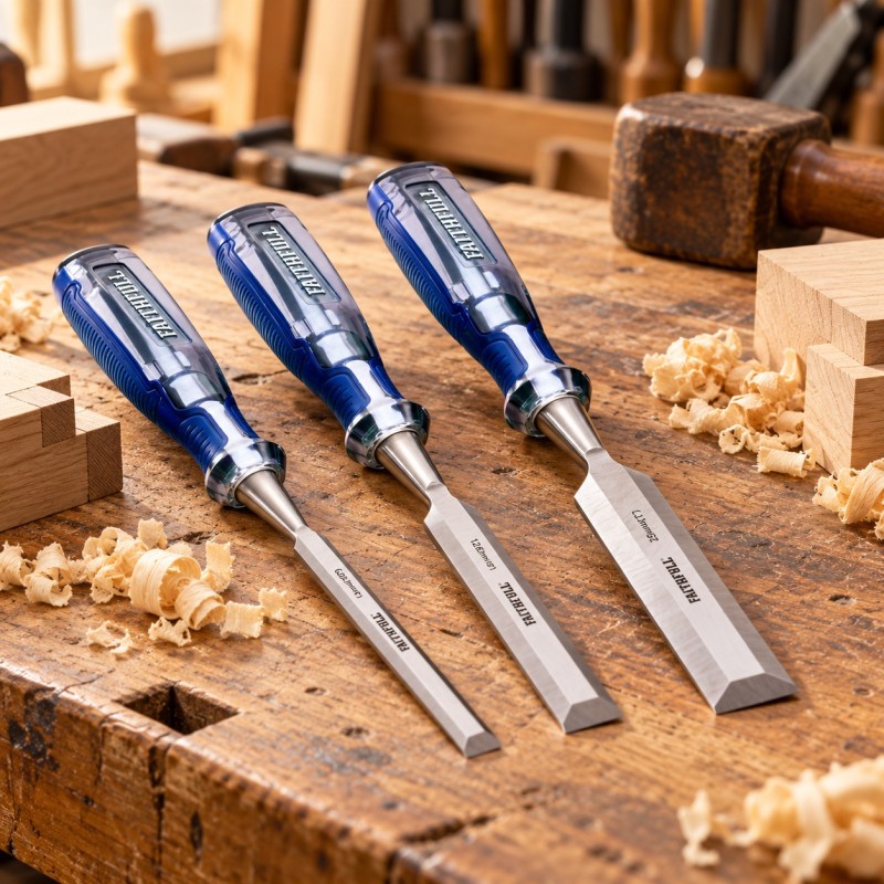 Three Faithfull wood chisels laid out on a woodworking bench with timber shavings