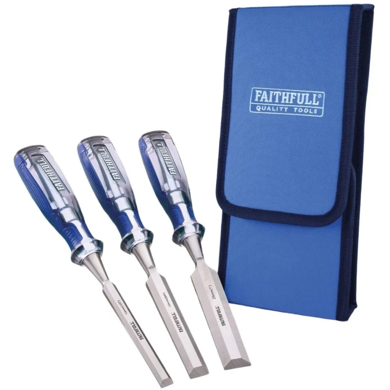 Faithfull Wood Chisels 13mm, 19mm and 25mm – Set Overview Faithfull 3-Piece Forged Steel Wood Chisel Set 13mm 19mm 25mm with Strike Caps XMS26CHISEL3