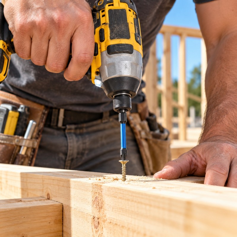 Tradesperson using a Faithfull impact bit in a drill driver on timber framing