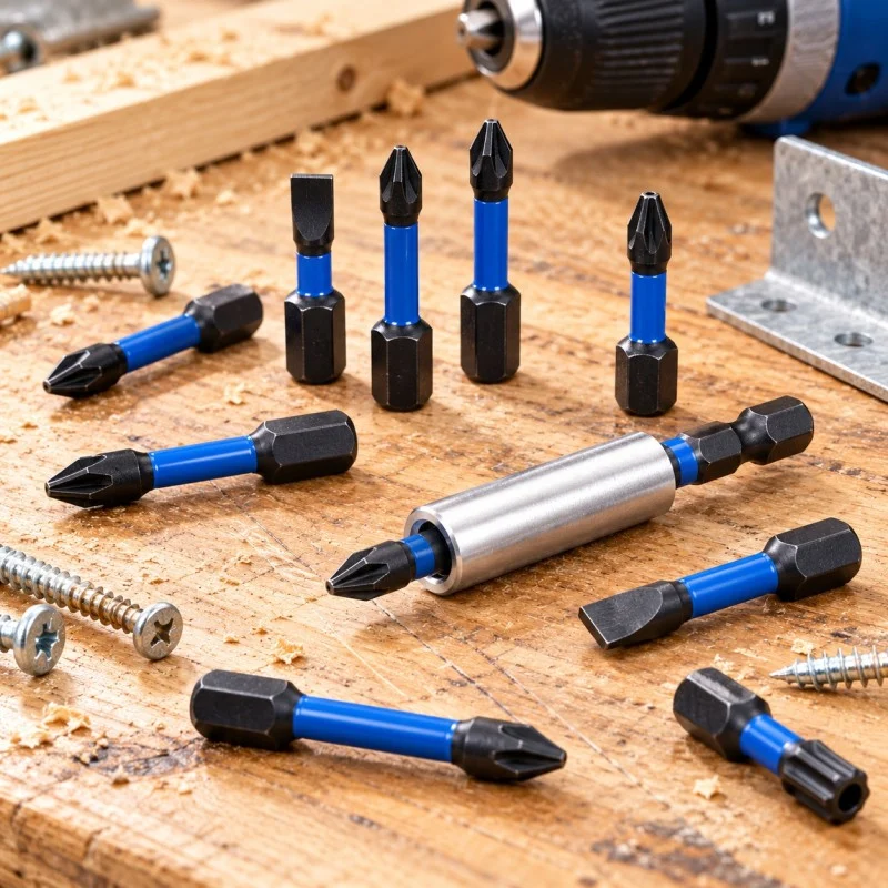 Faithfull impact bits and magnetic holder arranged across a wooden workbench