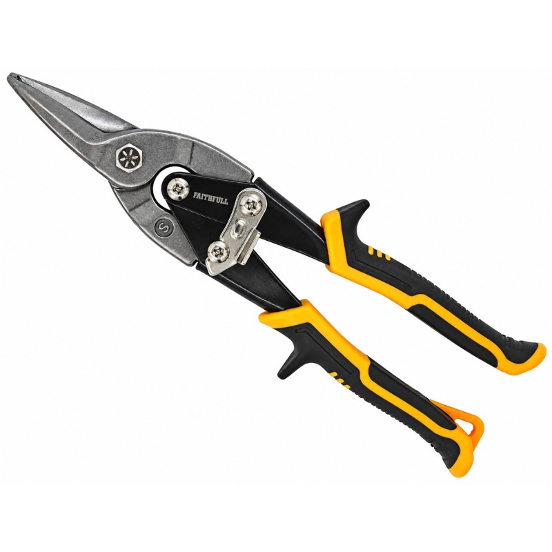 Close side view of Faithfull compound aviation snips with yellow and black handles