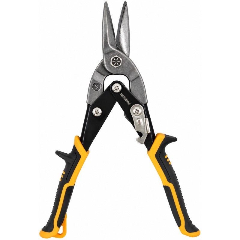 Faithfull straight-cut aviation snips photographed open against white