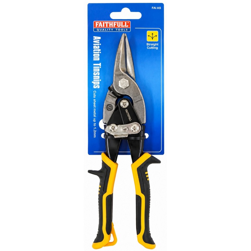 Faithfull aviation snips in blue retail packaging showing the tool and handles
