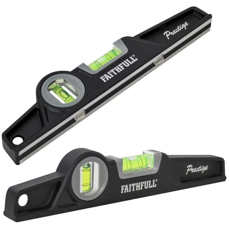 Two views of the black Faithfull 250mm magnetic scaffold level with green vials