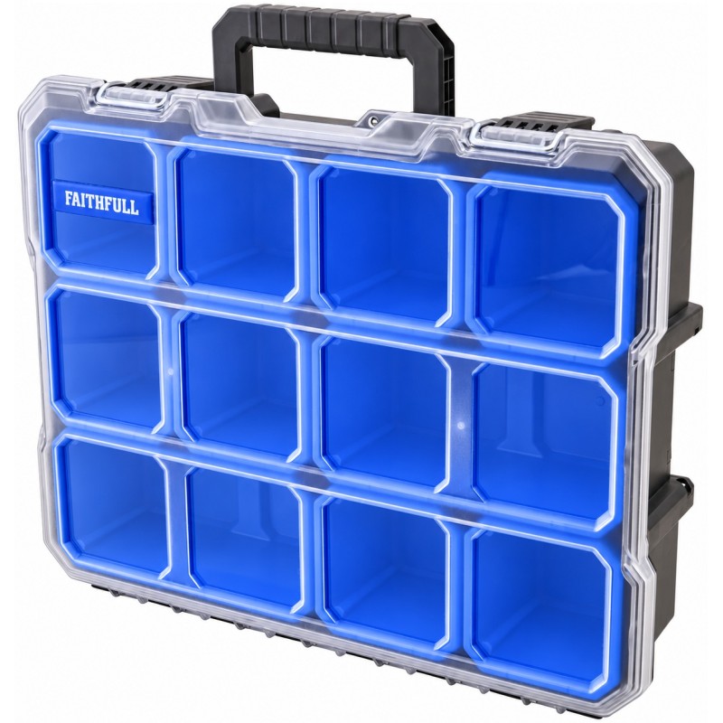 Faithfull deep organiser with ten blue compartments beneath a clear closed lid