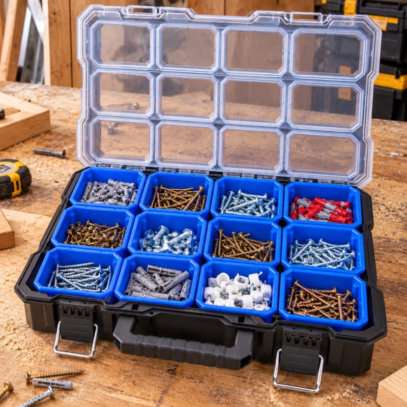 Faithfull ten-cup organiser opened to show assorted fasteners stored in compartments