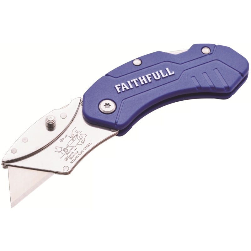Blue-handled folding utility knife opened to show its metal blade holder and exposed cutting blade.