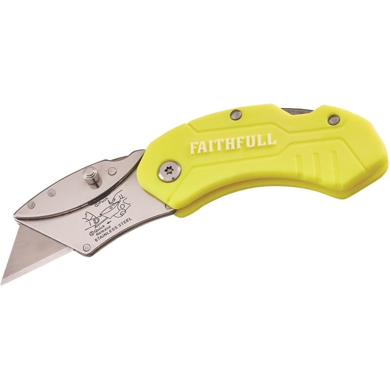 Yellow-handled folding utility knife with its metal blade holder and cutting blade extended.