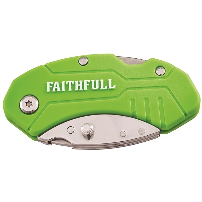 Green folding utility knife with the blade folded into the handle and Faithfull lettering visible.