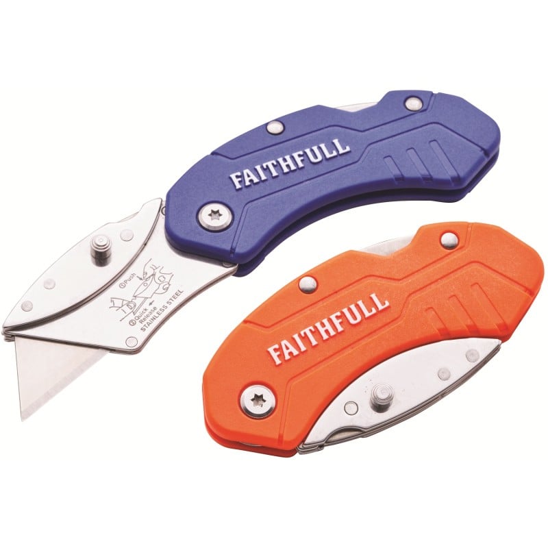 An open blue folding utility knife beside an orange-red knife with its blade folded into the handle.