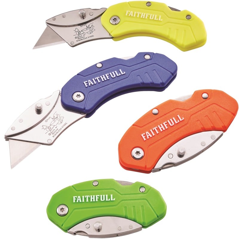 Four folding utility knives with yellow, blue, orange-red and green handles, shown open and folded.