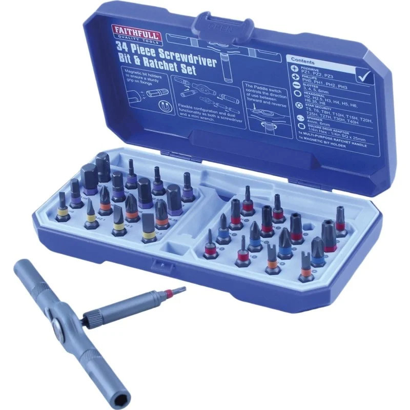 Faithfull Palm Ratchet Driver – Bit Kit Overview Faithfull 34-Piece Palm Ratchet Driver & Mixed Bit Set with Magnetic Holder XMS26PALM
