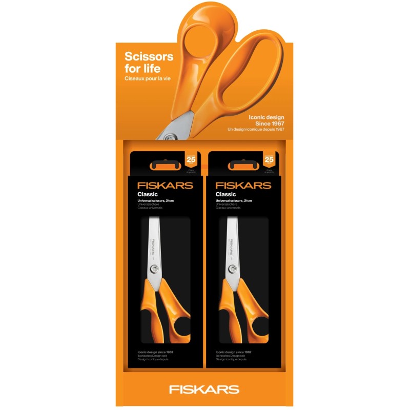 Fiskars Classic scissors in orange presentation packaging, twin packs shown