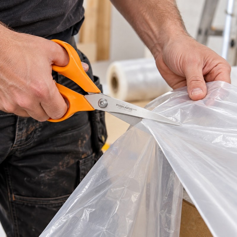 Fiskars scissors cutting thin clear plastic sheet in a workshop