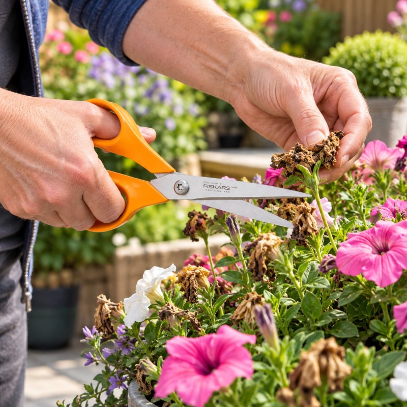 Fiskars orange scissors trimming stems and flowers in a garden