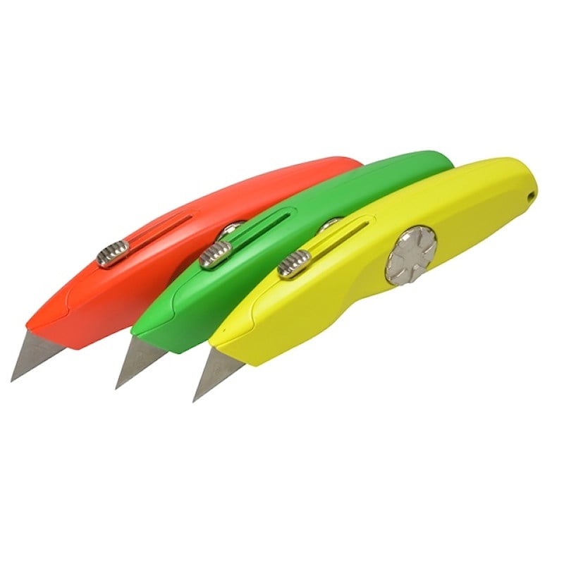 Three utility knives with red, green and yellow handles, lined up with their blades extended.