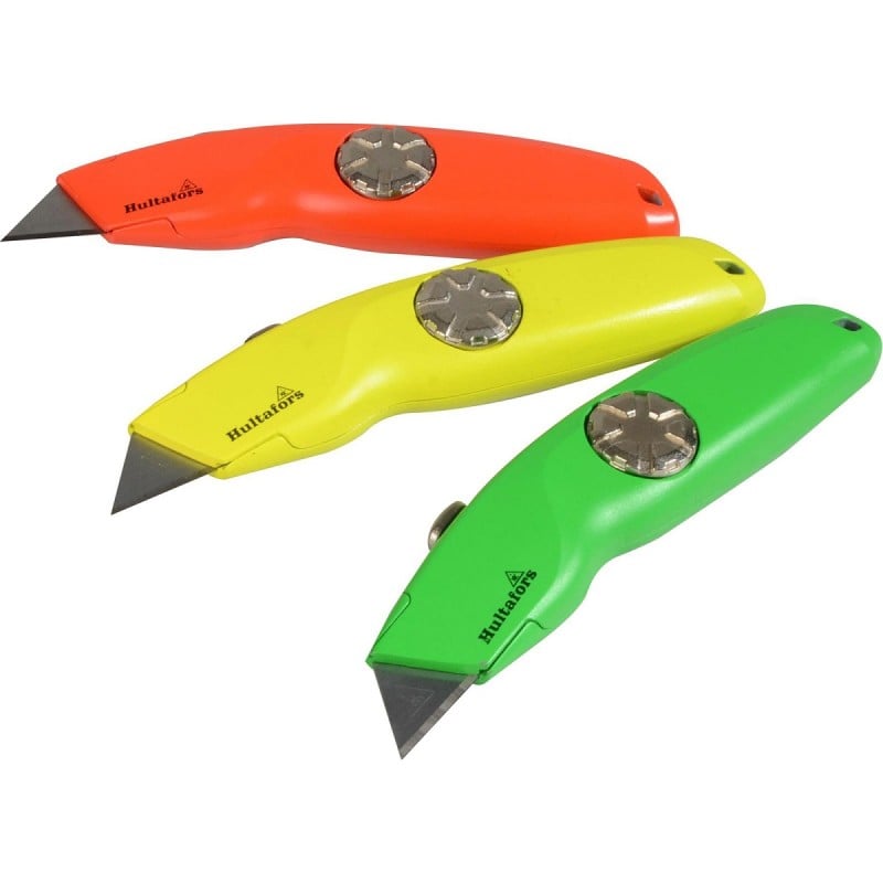 Red, yellow and green utility knives spread in a fan, showing the extended blades and metal side wheels.