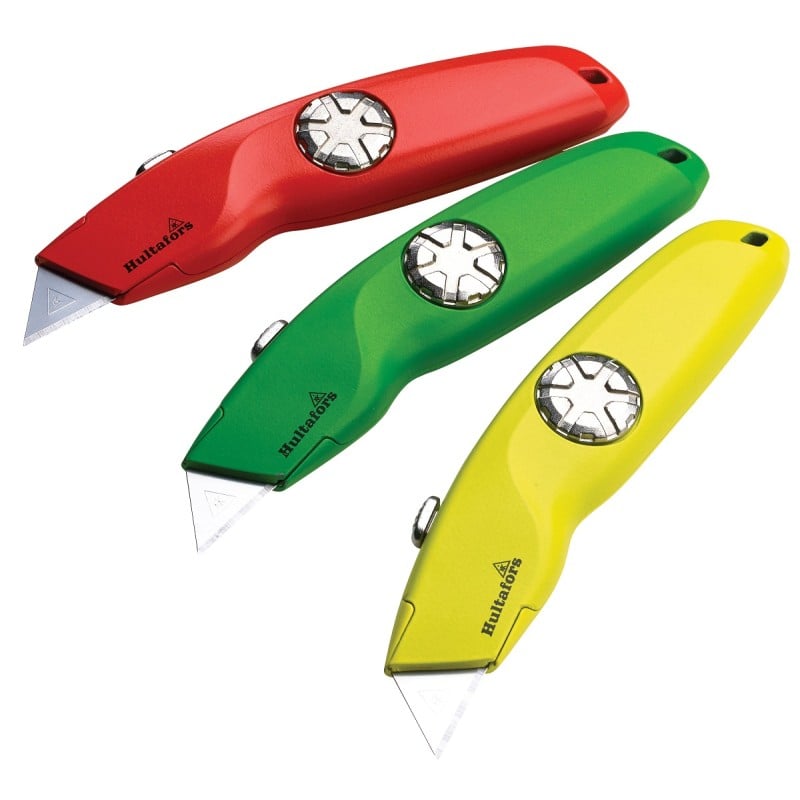 Red, green and yellow utility knives at different angles, with extended blades and Hultafors branding.