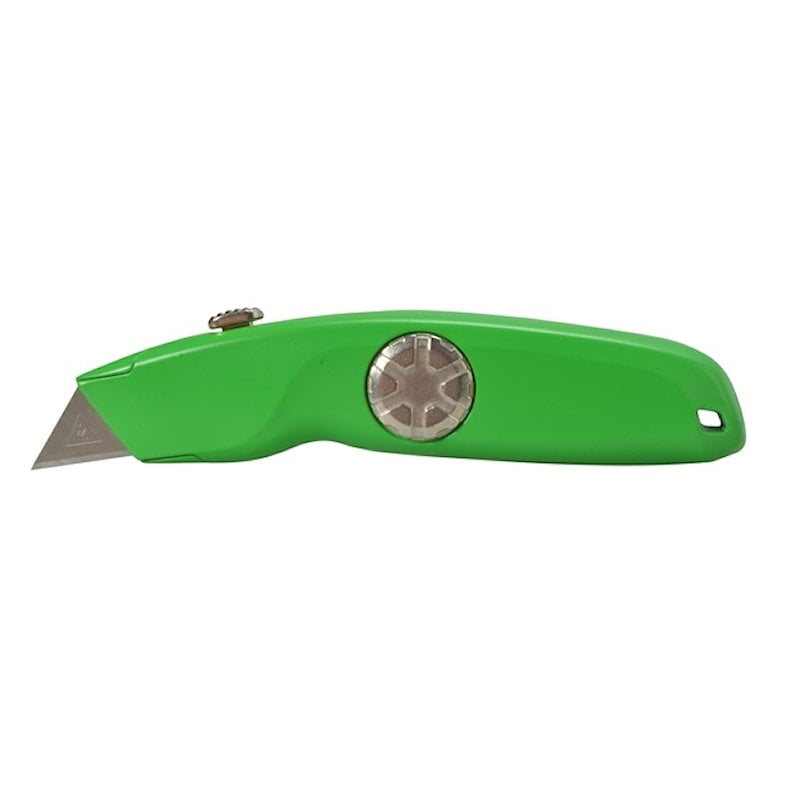 Green utility knife with an extended blade, round metal side wheel and slider along the top of the handle.