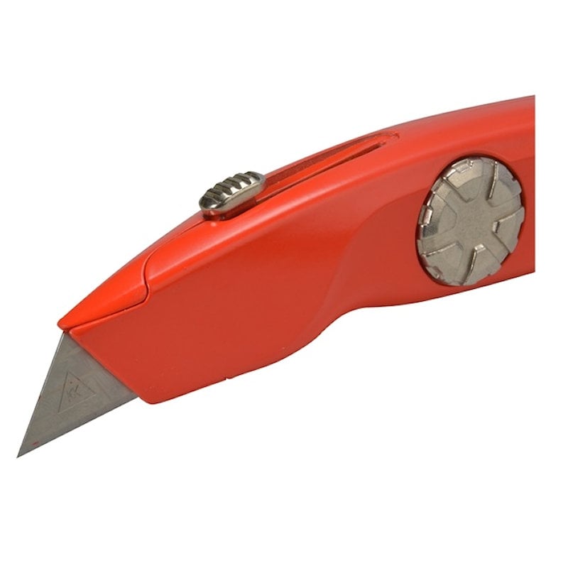Close-up of a red utility knife showing its extended blade, round metal wheel and top slider.