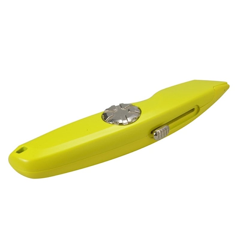 Reverse view of a yellow utility knife, showing the recessed slider track and round metal side wheel.