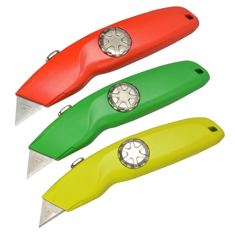 Red, green and yellow utility knives arranged diagonally, each with a round metal side wheel.