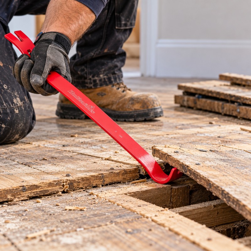 Hultafors red wrecking bar levering up a timber floorboard