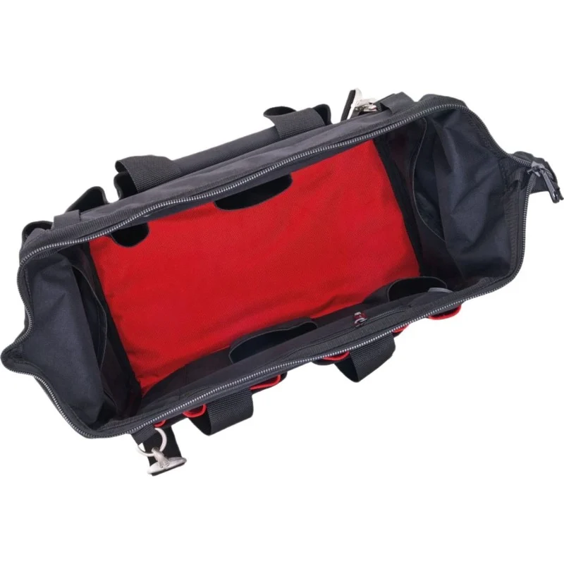 Hultafors wide-mouth tool carrier laid on its side showing the base and pockets