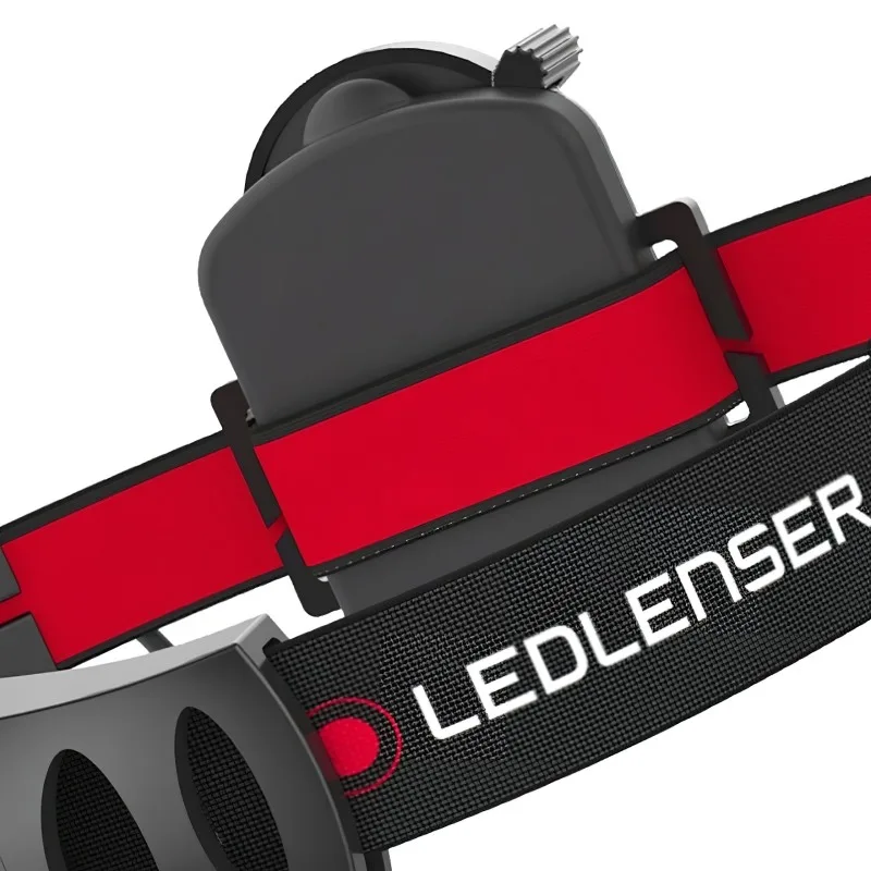 LED Lenser H3.2 head torch rear battery pack and branded red-and-black adjustable headband
