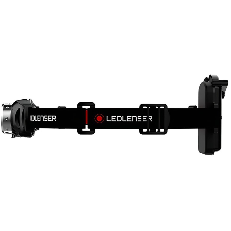 Side profile of LED Lenser H3.2 head torch showing front lamp and rear battery pack