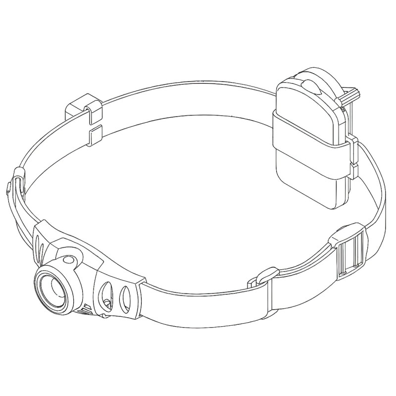 Line drawing of LED Lenser H3.2 head torch showing lamp, adjustable headband and rear battery pack