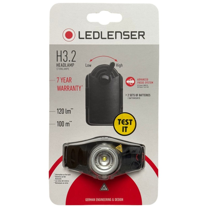 Front of LED Lenser H3.2 retail packaging with 120 lumen head torch