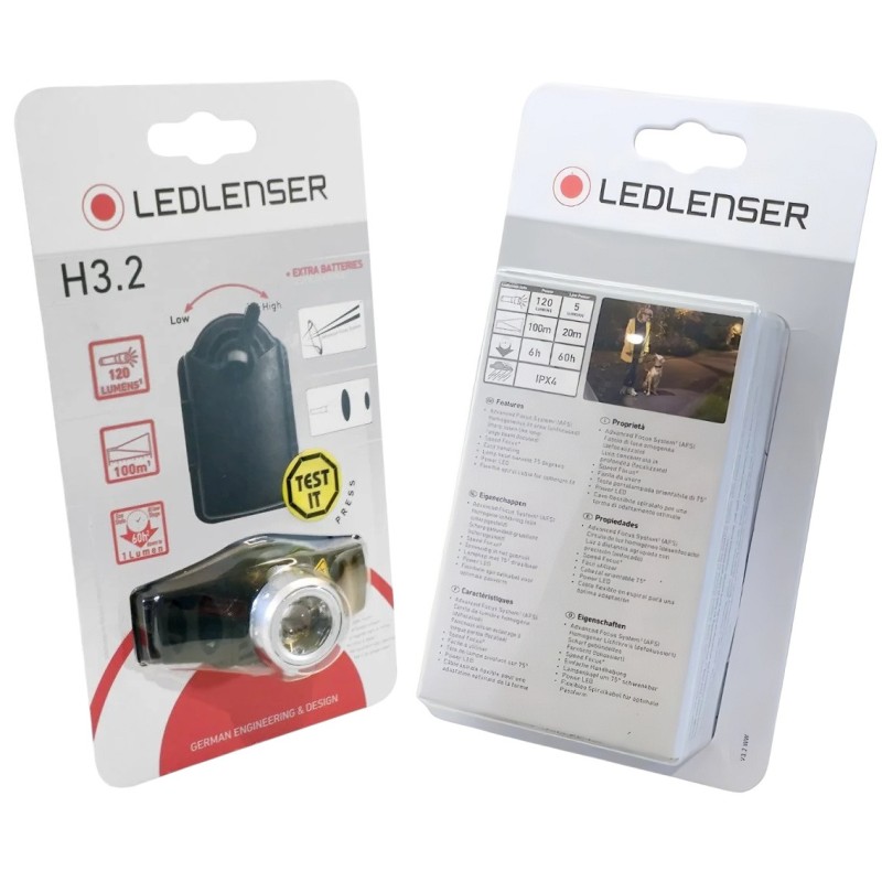 Front and rear views of LED Lenser H3.2 head torch retail packaging