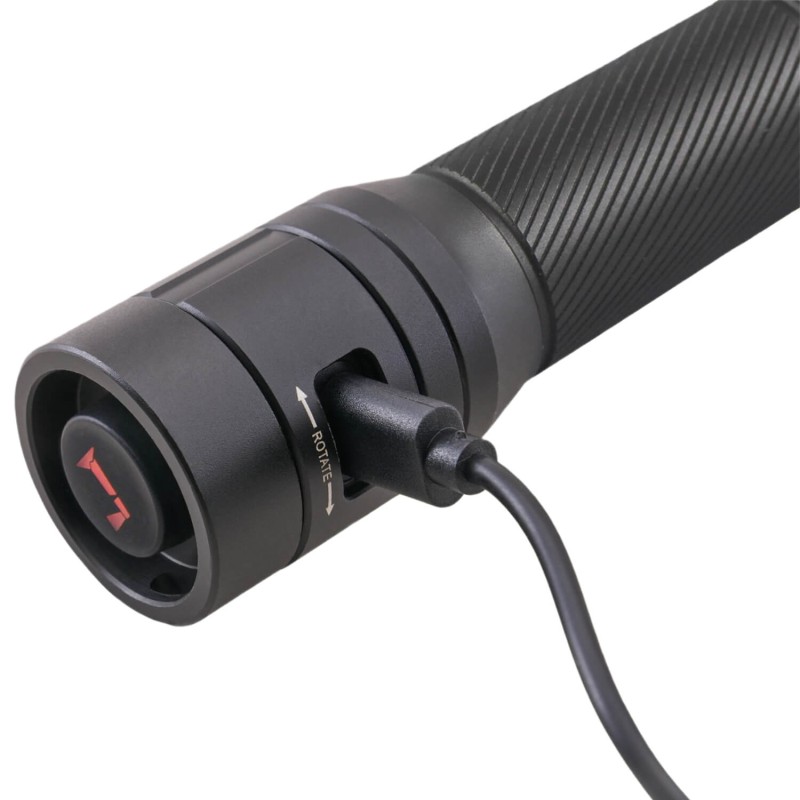 Close-up of the rear charging port and USB cable on the Lighthouse torch