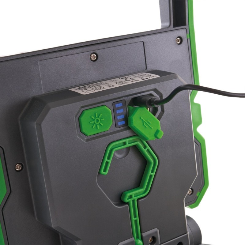 Close-up of the Lighthouse work light USB connection ports and rear housing