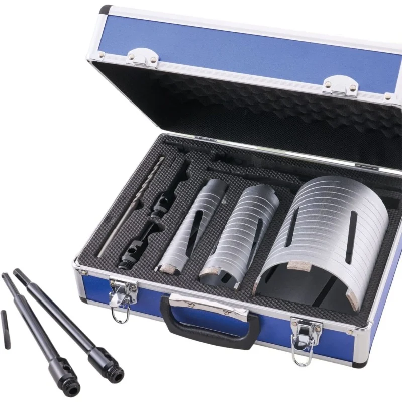 Mexco Nine-Piece Diamond Core Set – Case Contents Mexco Masonry Diamond Core Drilling Kit 9 Piece 38mm 52mm 117mm XMS26DCORE