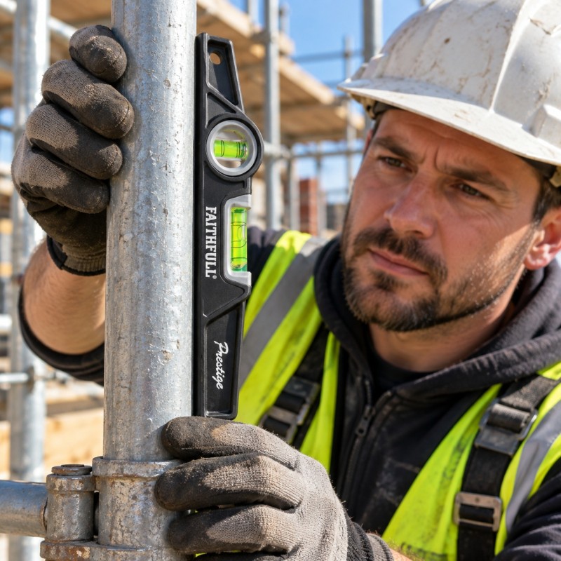 Scaffolder using a Faithfull magnetic level against upright steel tubing