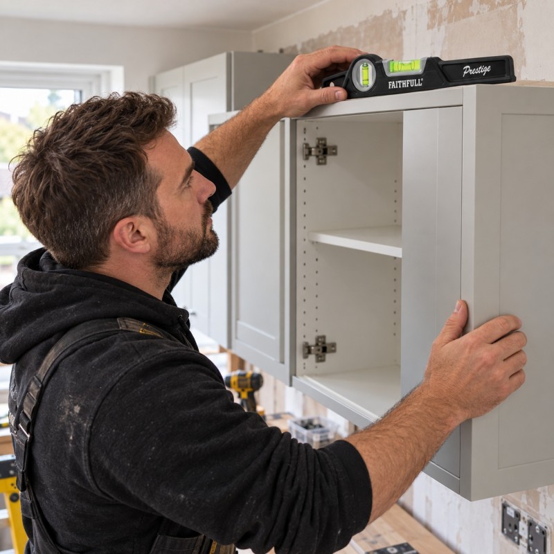 Kitchen fitter checking the top of a wall cabinet with a Faithfull spirit level