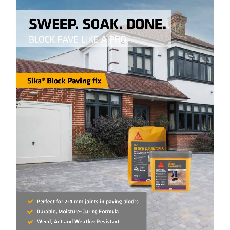 Sika Block Paving Fix Buff promotional image showing 15kg tub and 20kg bag