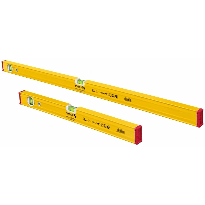 Two Stabila Type 80-AS spirit levels crossed to show different lengths