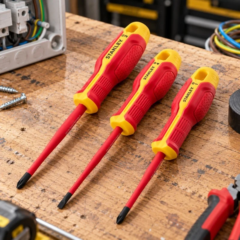Stanley insulated screwdriver set laid on a wooden workbench