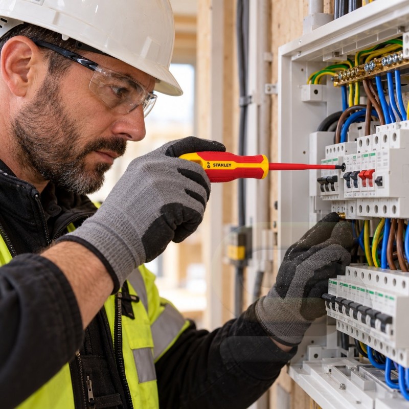 Electrician using a Stanley insulated screwdriver at an electrical distribution board