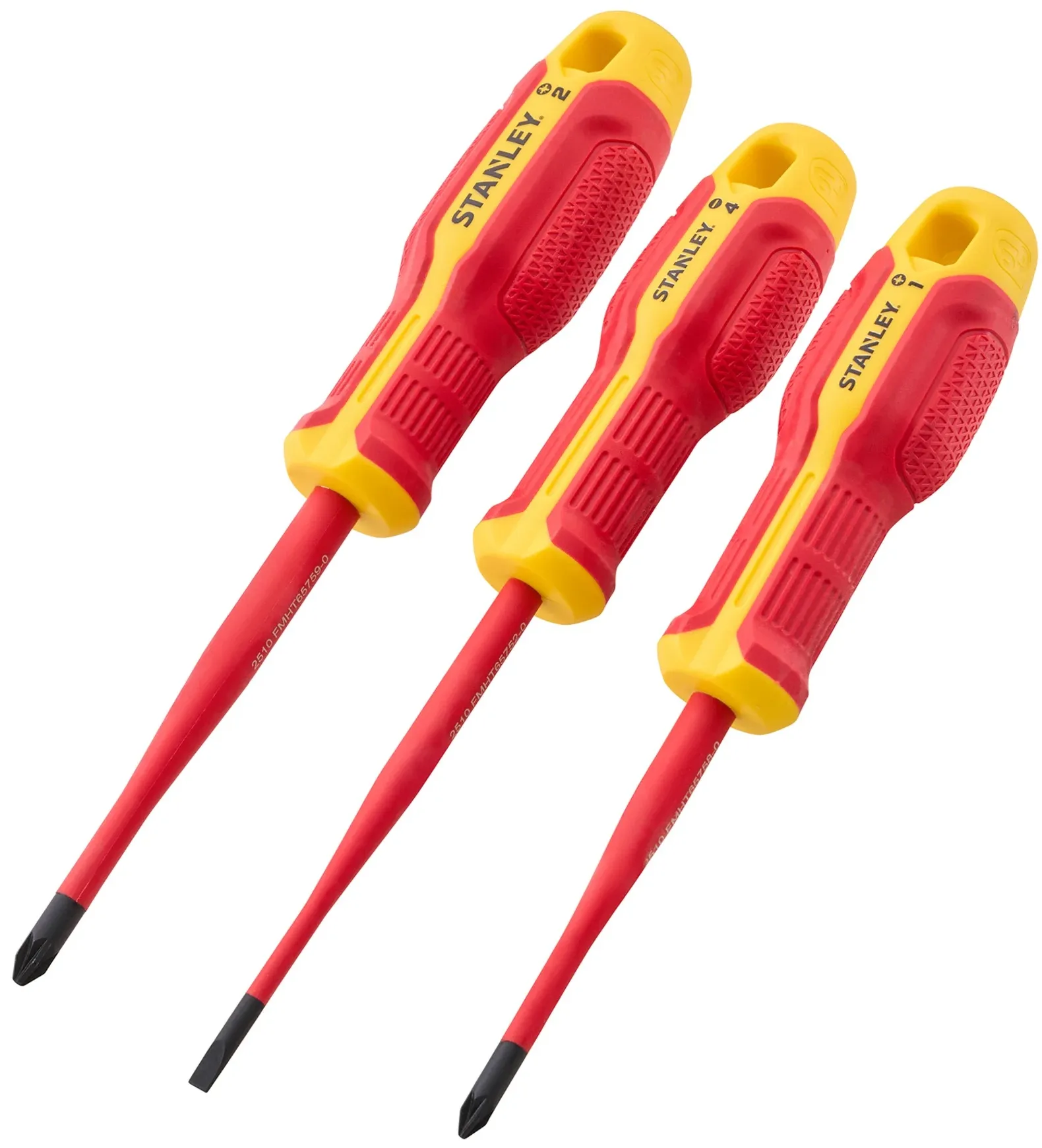 A closed cardboard box with visible shadow isolated on white background. Stanley FatMax VDE Insulated Screwdriver Set PZ1 PZ2 & 4mm XMS26VDE3PCE