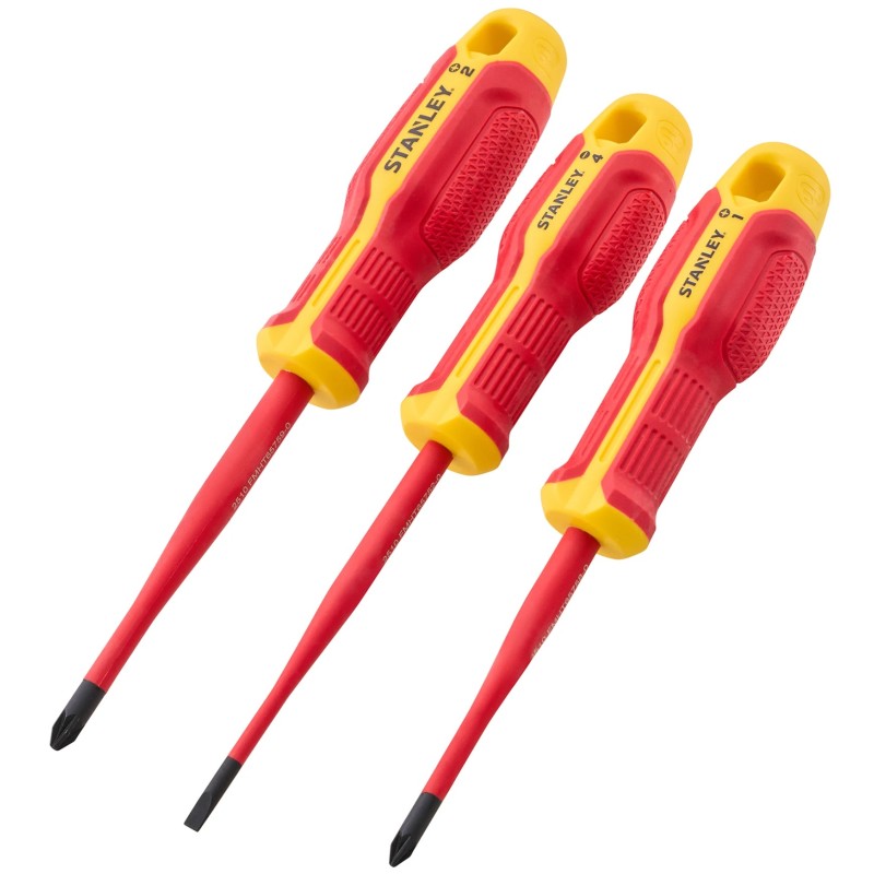 Three Stanley FatMax VDE screwdrivers with red and yellow insulated handles